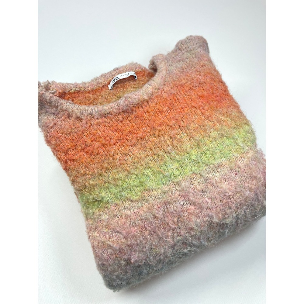 Zara Women Fluffy Ombre Knit Sweater Colorful Striped Crew Neck Small 0262